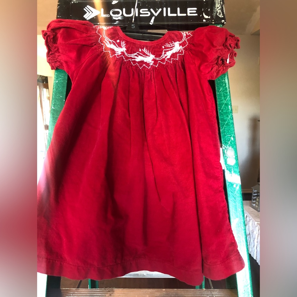 Bella bliss holiday dress, 12 month, the perfect reindeer embroidery design.